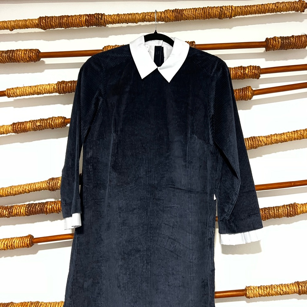Sandro Navy Blue Corduroy Long Sleeve Dress with White Collar